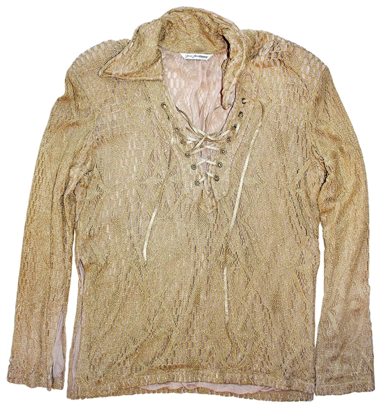 Prince Worn Gold Crochet Shirt & Pants -- With White Heeled Shoes Adorned With His Love Symbol