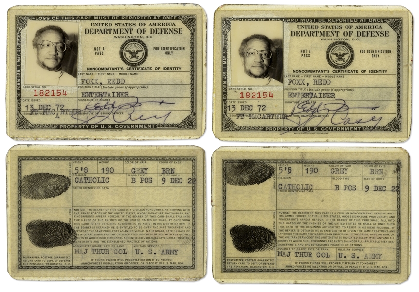 Lot of 2 Redd Foxx Department of Defense Signed ID Cards -- Noncombatant's Certificate of Identity