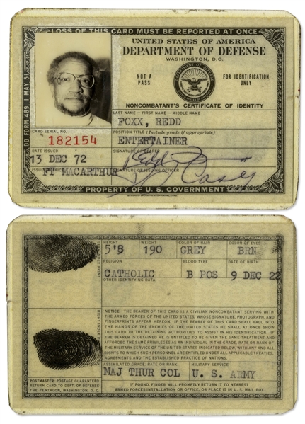 Lot of 2 Redd Foxx Department of Defense Signed ID Cards -- Noncombatant's Certificate of Identity