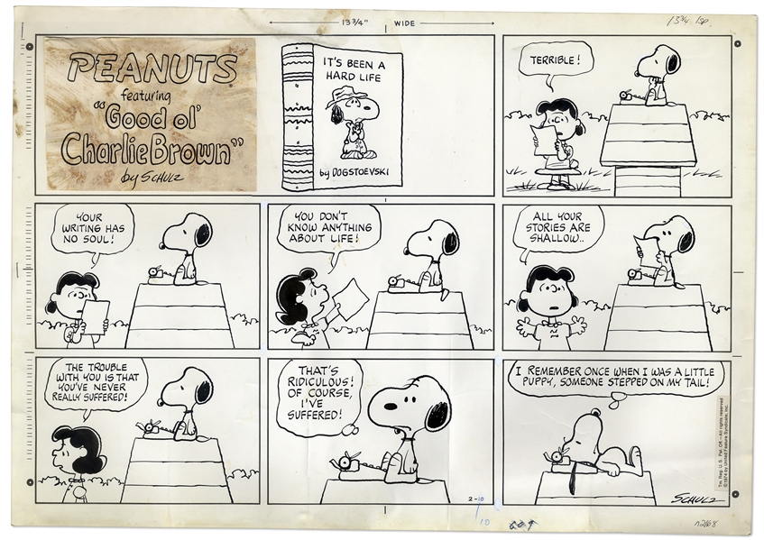 Charles Schulz Hand-Drawn Sunday ''Peanuts'' Comic Strip From 1974 Featuring Snoopy & Lucy