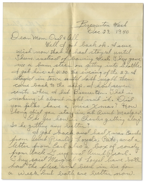 1940 Letter Aboard the U.S.S. Arizona, Sunk in Pearl Harbor Attack -- With U.S.S. Arizona Postmark on Envelope -- Also Includes 2 Letters Addressed to Ship, One the Day After Pearl Harbor