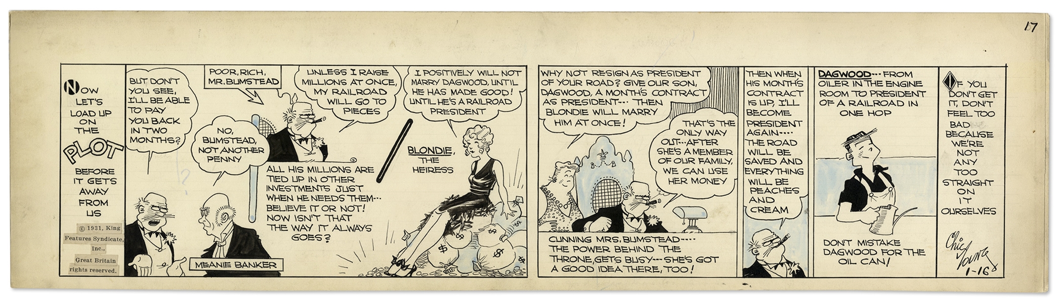 Chic Young Hand-Drawn ''Blondie'' Comic Strip From January 1931 Titled ''Get This Straight'' -- One of the Earliest Blondie Strips With a Recap of the Plot Thus Far
