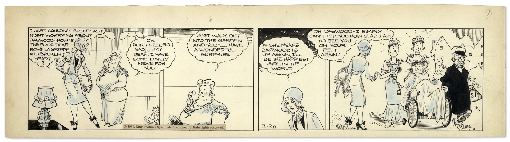 Chic Young Hand-Drawn ''Blondie'' Comic Strip From 1931 Titled ''The Pedestrian'' -- Dagwood Is Recovering From a Broken Heart
