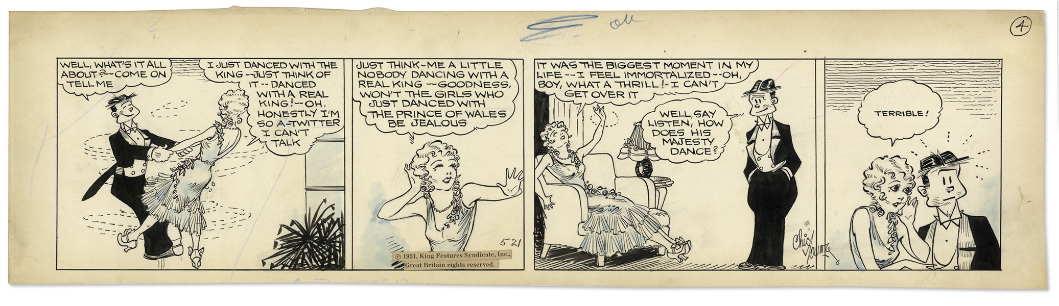 Chic Young Hand-Drawn ''Blondie'' Comic Strip From 1931 Titled ''On Her Toes'' -- Blondie Dances With Edward VIII, the Prince of Wales