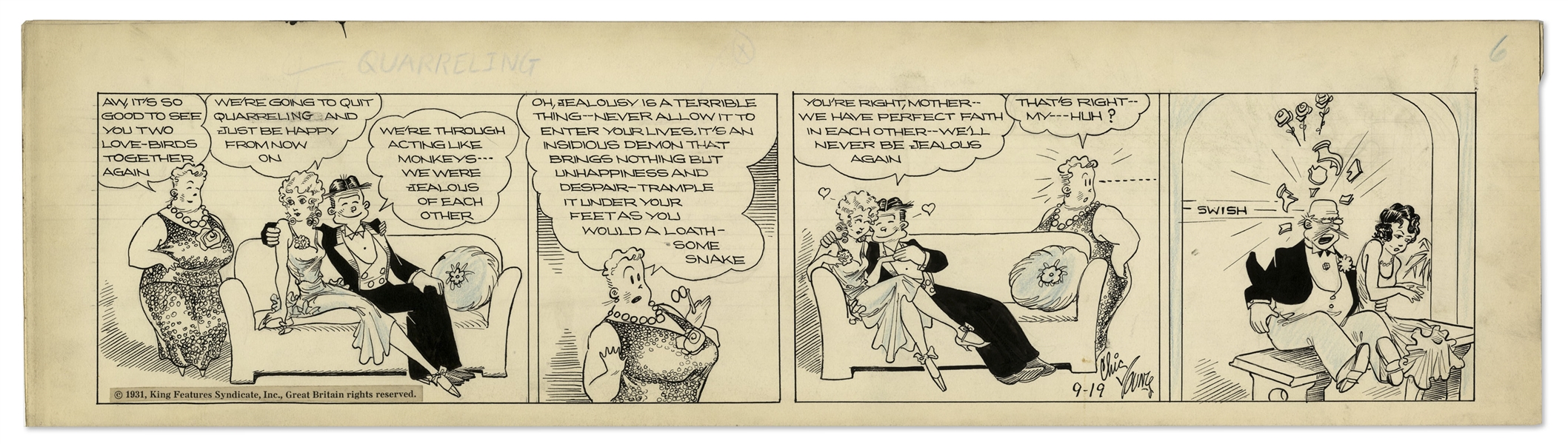 Chic Young Hand-Drawn ''Blondie'' Comic Strip From 1931 Titled ''Mother Sets an Example''