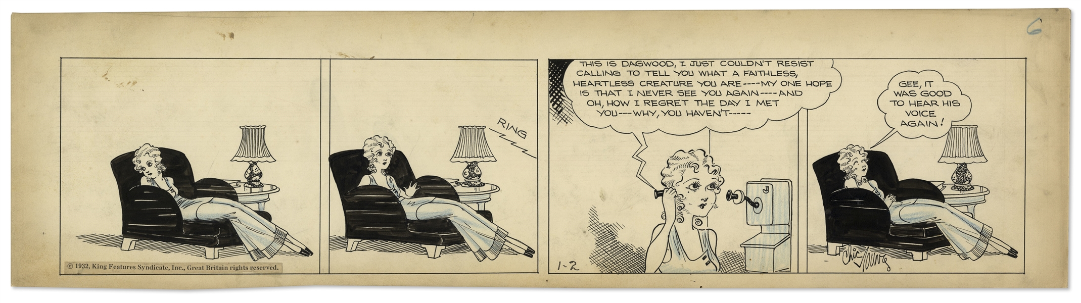 Chic Young Hand-Drawn ''Blondie'' Comic Strip From 1932 Titled ''Music To Her At That'' -- Visually Stunning Strip