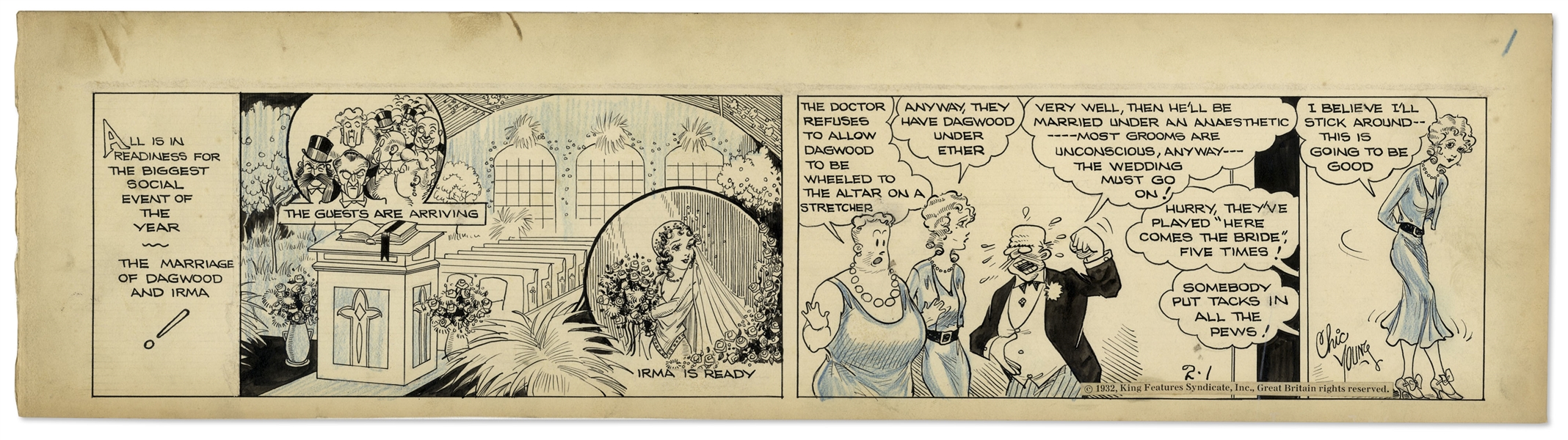 Chic Young Hand-Drawn ''Blondie'' Comic Strip From 1932 Titled ''The Curtain Call'' -- Dagwood Is on the Verge of Marrying Blondie's Roommate Irma!