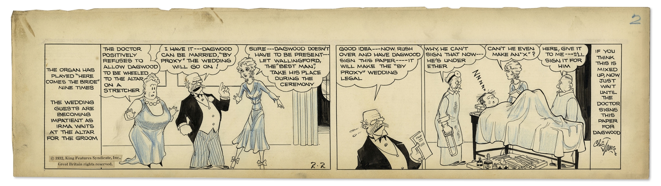 Chic Young Hand-Drawn ''Blondie'' Comic Strip From 1932 Titled ''The Dotted Line'' -- The Bumsteads Try to Force Dagwood to Marry Irma Using a Proxy!