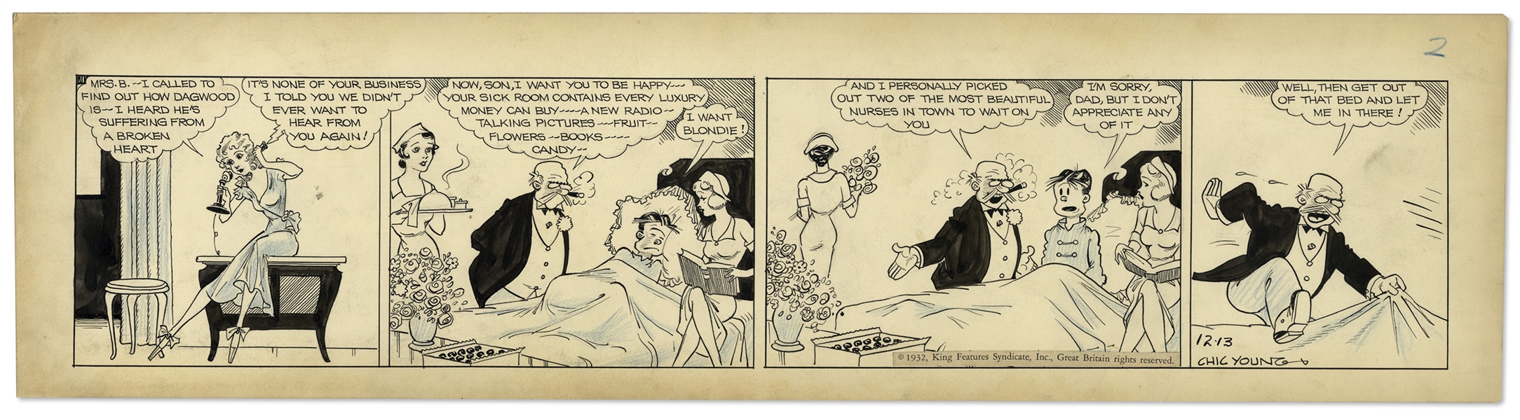 Chic Young Hand-Drawn ''Blondie'' Comic Strip From 1932 Titled ''A Receptive Customer'' -- Dagwood Suffers From a Broken Heart After His Parents Call Off His Wedding to Blondie