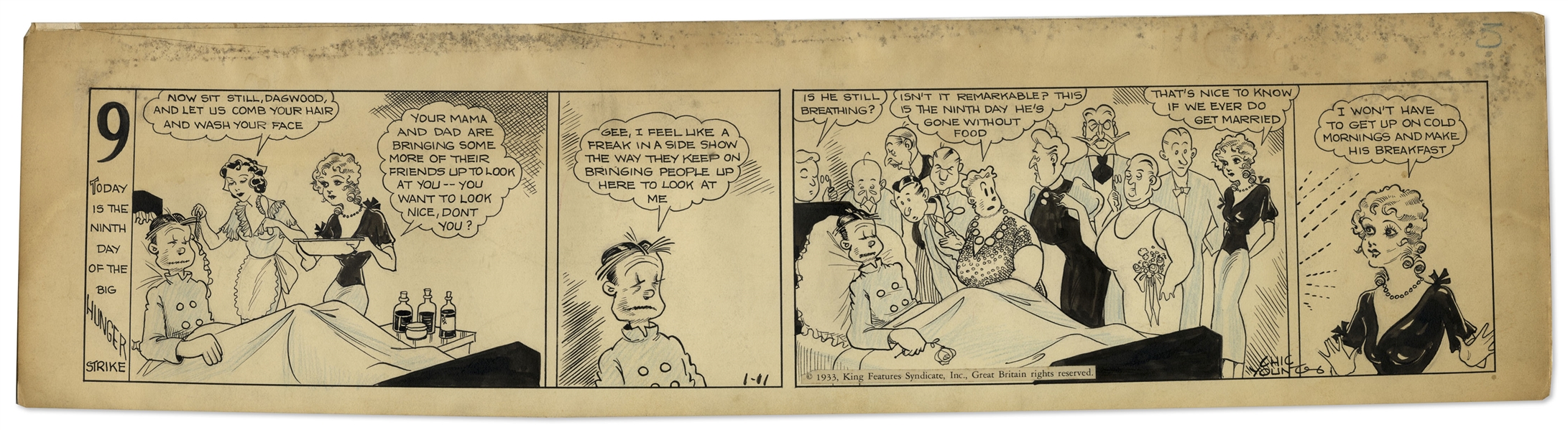 Chic Young Hand-Drawn ''Blondie'' Comic Strip From 1933 Titled ''Thanks For The Tip'' -- Day 9 of Dagwood's Famous Hunger Strike!