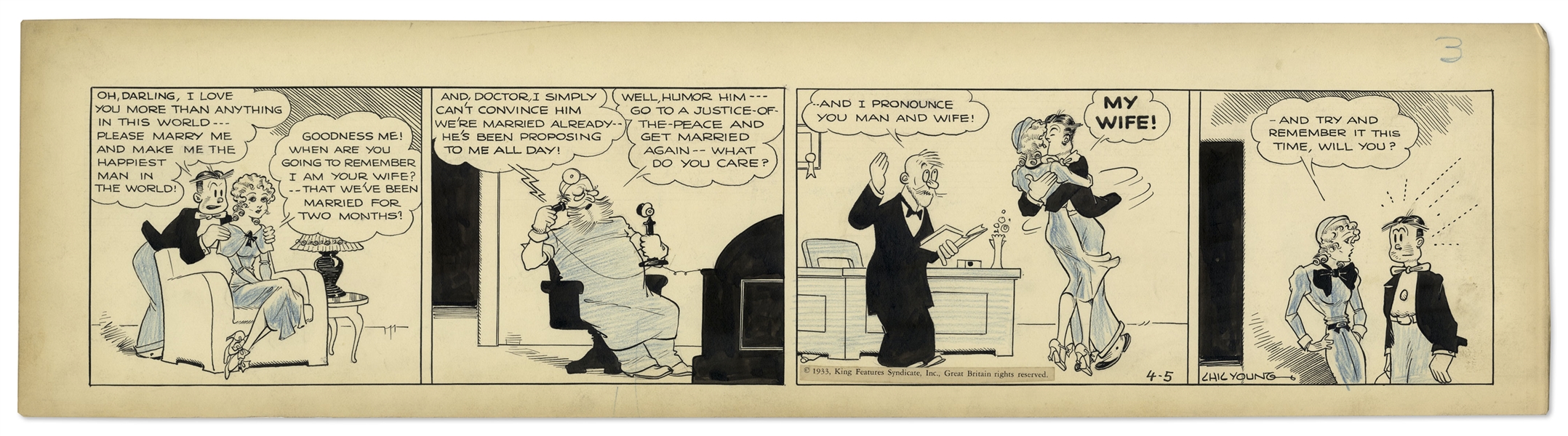 Chic Young Hand-Drawn ''Blondie'' Comic Strip From 1933 Titled ''Another Not To Be Forgotten Day'' -- Dagwood & Blondie Get Married Again in Front of a Justice of the Peace