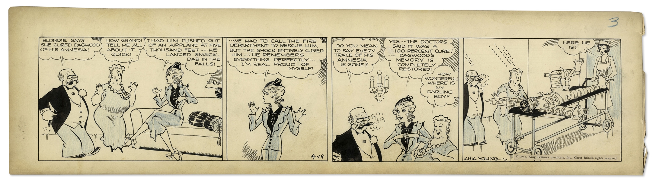 Chic Young Hand-Drawn ''Blondie'' Comic Strip From 1933 Titled ''The Perfect Wreck'' -- Blondie Cures Dagwood's Amnesia by Pushing Him Out of an Airplane