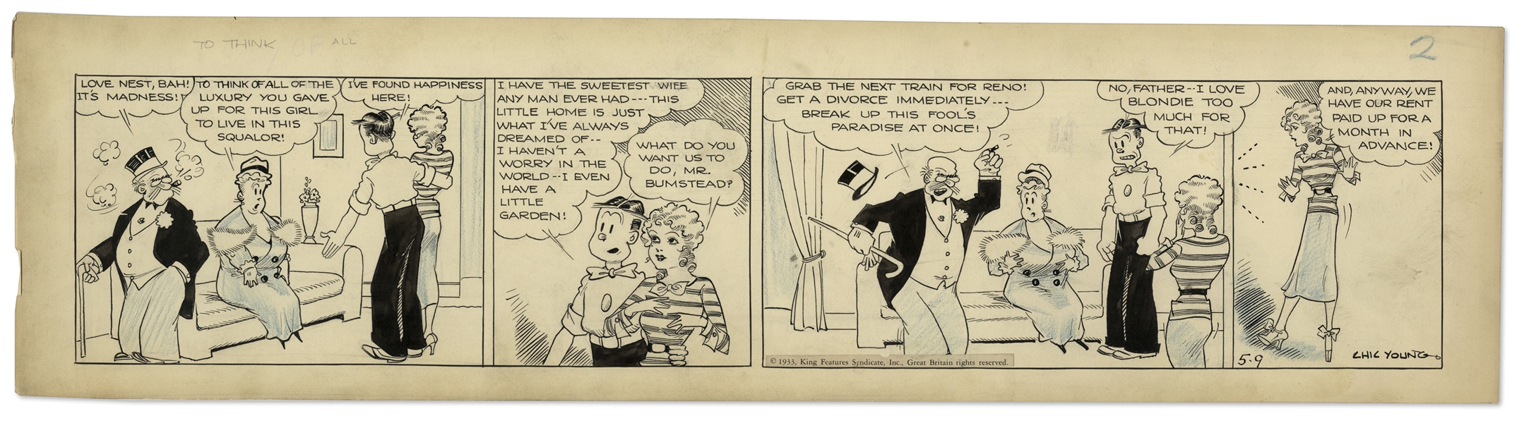 Chic Young Hand-Drawn ''Blondie'' Comic Strip From 1933 Titled ''It Isn't Legal To Break A Lease''