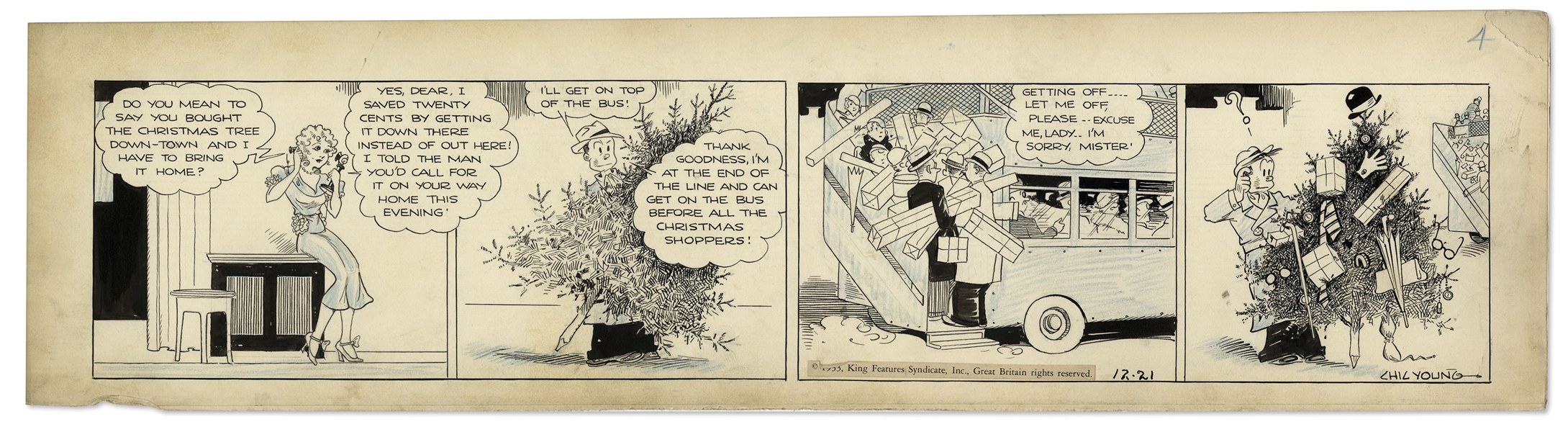 Chic Young Hand-Drawn ''Blondie'' Comic Strip From 1933 Titled ''There Is A Santa Claus'' -- Fun Strip Showing Dagwood Buying a Christmas Tree