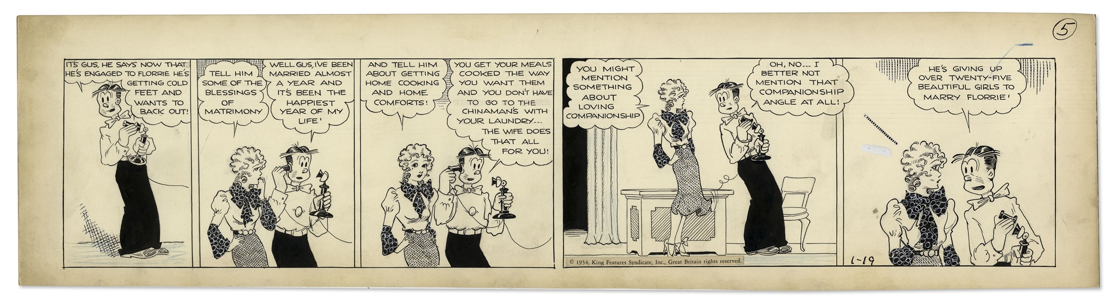 Chic Young Hand-Drawn ''Blondie'' Comic Strip From 1934 Titled ''The Lone Wolf''