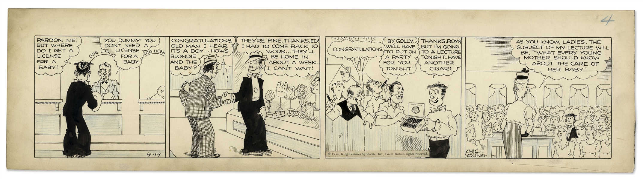 Chic Young Hand-Drawn ''Blondie'' Comic Strip From 1934 Titled ''One Man In A Thousand'' -- Dagwood & Blondie Have a New Baby Boy!
