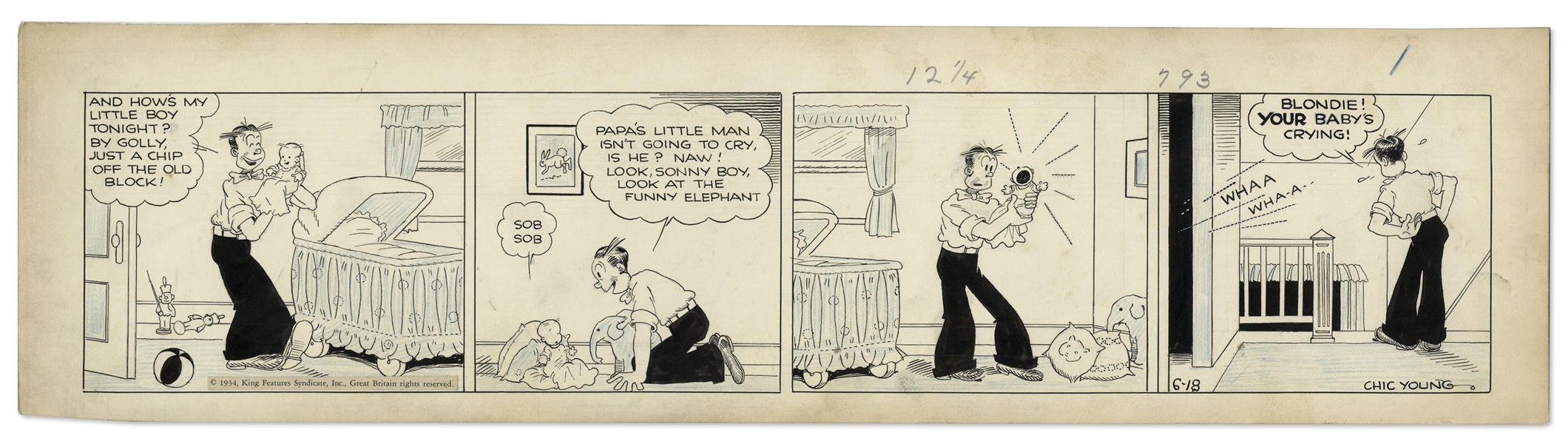 Chic Young Hand-Drawn ''Blondie'' Comic Strip From 1934 Titled ''Resigned Ownership'' -- Dagwood Copes With Fatherhood