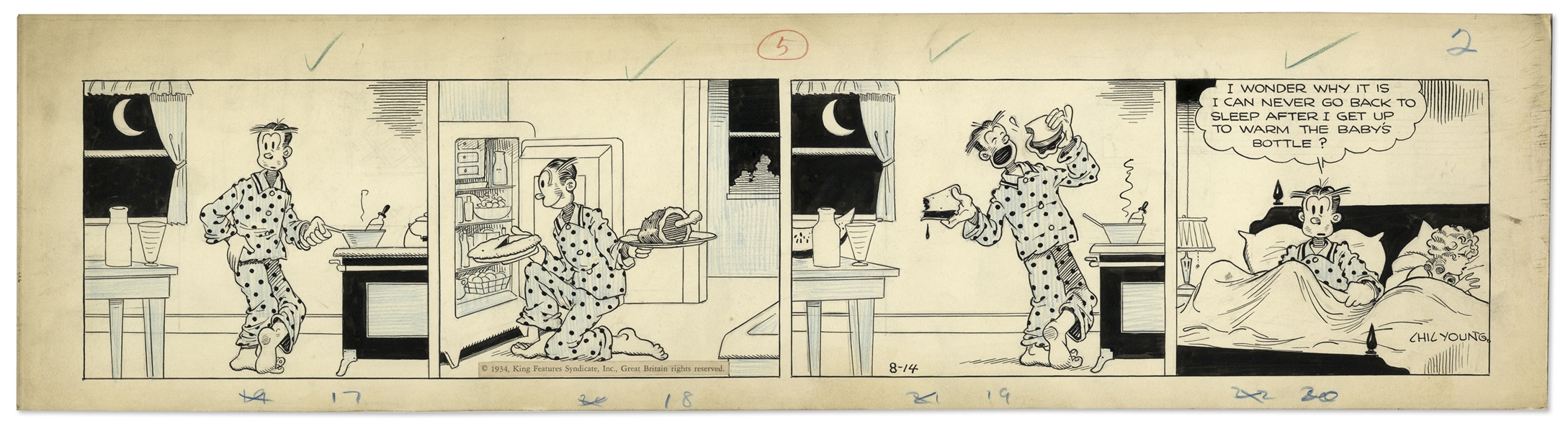 Chic Young Hand-Drawn ''Blondie'' Comic Strip From 1934 Titled ''Excess Baggage'' -- Dagwood Raids the Fridge While Warming Baby Dumpling's Bottle