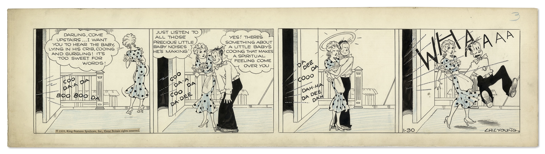Chic Young Hand-Drawn ''Blondie'' Comic Strip From 1935 Titled ''A Minor Key'' -- Dagwood & Blondie Experience the Ups & Downs of Parenthood