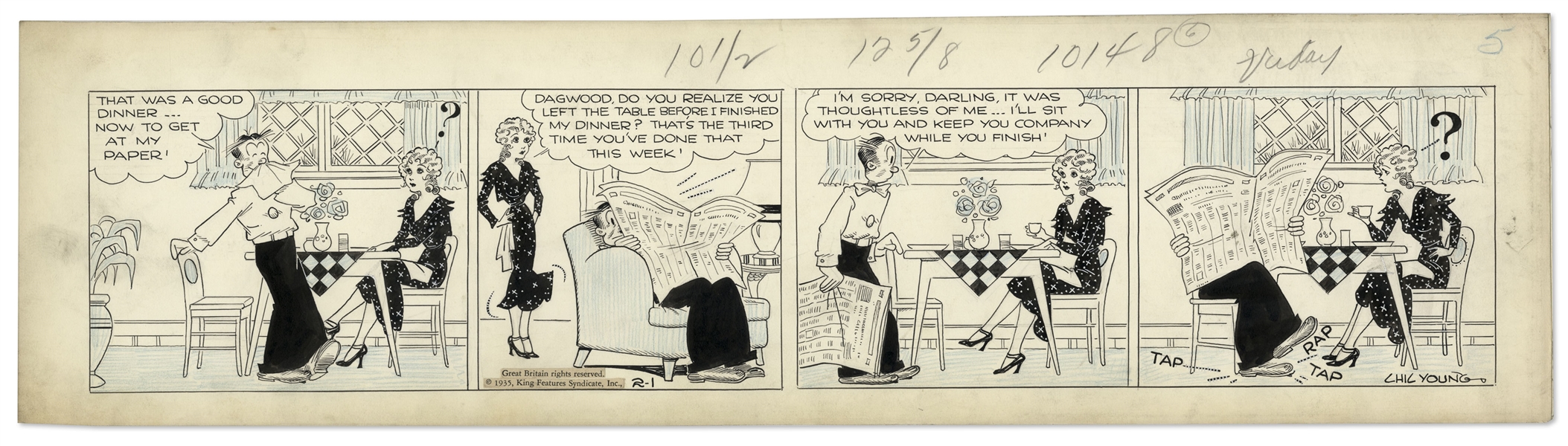 Chic Young Hand-Drawn ''Blondie'' Comic Strip From 1935 Titled ''A Game Of Solitaire'' -- After Two Years of Marriage, Dagwood & Blondie Settle Into Their Routine