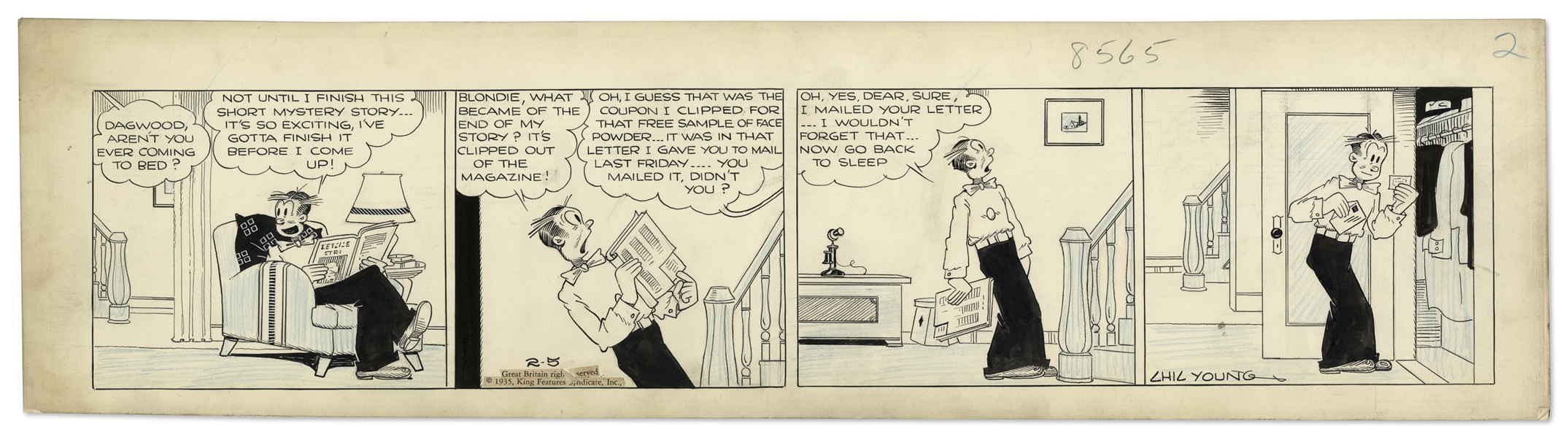 Chic Young Hand-Drawn ''Blondie'' Comic Strip From 1935 Titled ''Post Script''