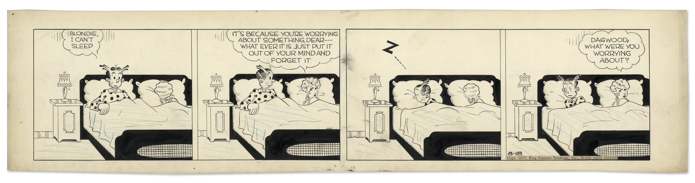 Chic Young Hand-Drawn ''Blondie'' Comic Strip From 1937 Titled ''Changing Her Mind's A Lady's Privilege''