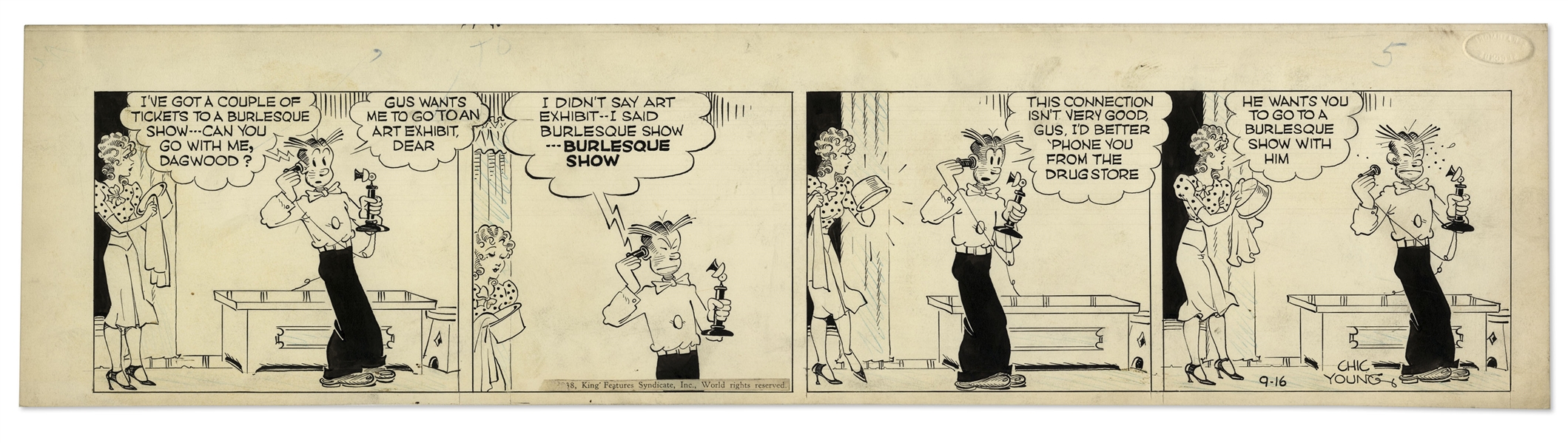 Chic Young Hand-Drawn ''Blondie'' Comic Strip From 1938 Titled ''Mind-Reader''