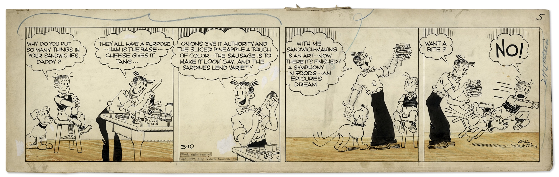 Chic Young Hand-Drawn ''Blondie'' Comic Strip From 1939 Titled ''The Big, Bad Wolf'' -- Dagwood Makes One of His Signature Sandwiches