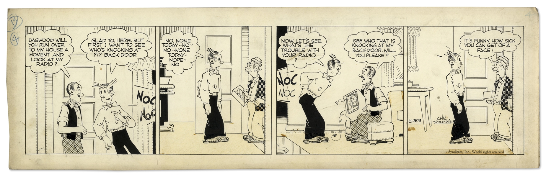 Chic Young Hand-Drawn ''Blondie'' Comic Strip From 1939 Titled ''Hire Yourself Out To Haunt Houses, Dagwood''