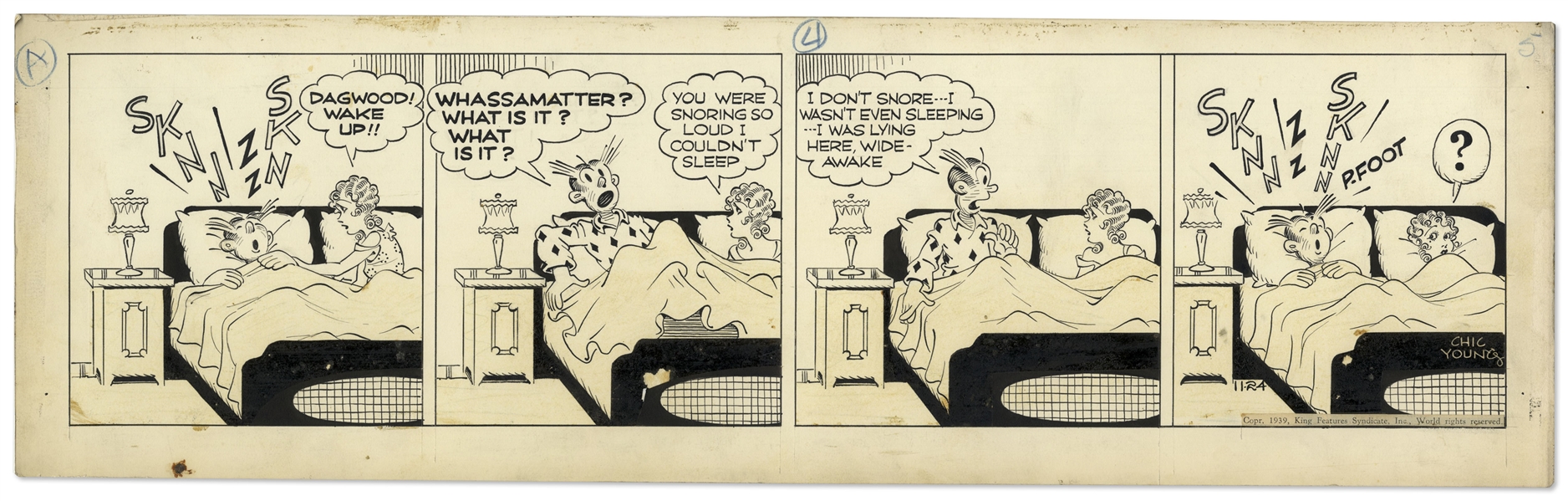 Chic Young Hand-Drawn ''Blondie'' Comic Strip From 1939 Titled ''Insomnia's A Bad Ailment''