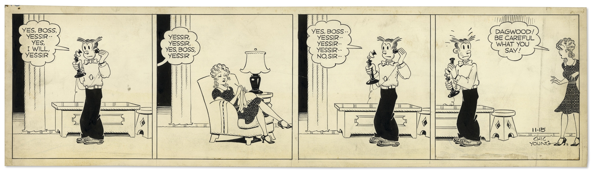 Chic Young Hand-Drawn ''Blondie'' Comic Strip From 1940 Titled ''Stop Asserting Yourself''