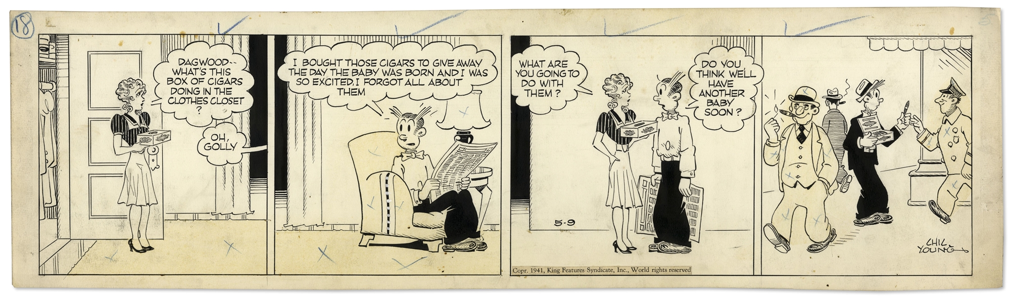 Chic Young Hand-Drawn ''Blondie'' Comic Strip From 1941 Titled ''Scented With Tar Paper!''