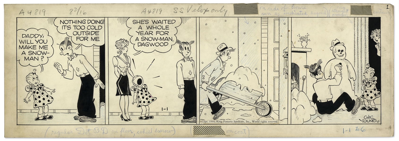 Chic Young Hand-Drawn ''Blondie'' Comic Strip From 1944 Titled ''Indoor Sport!''