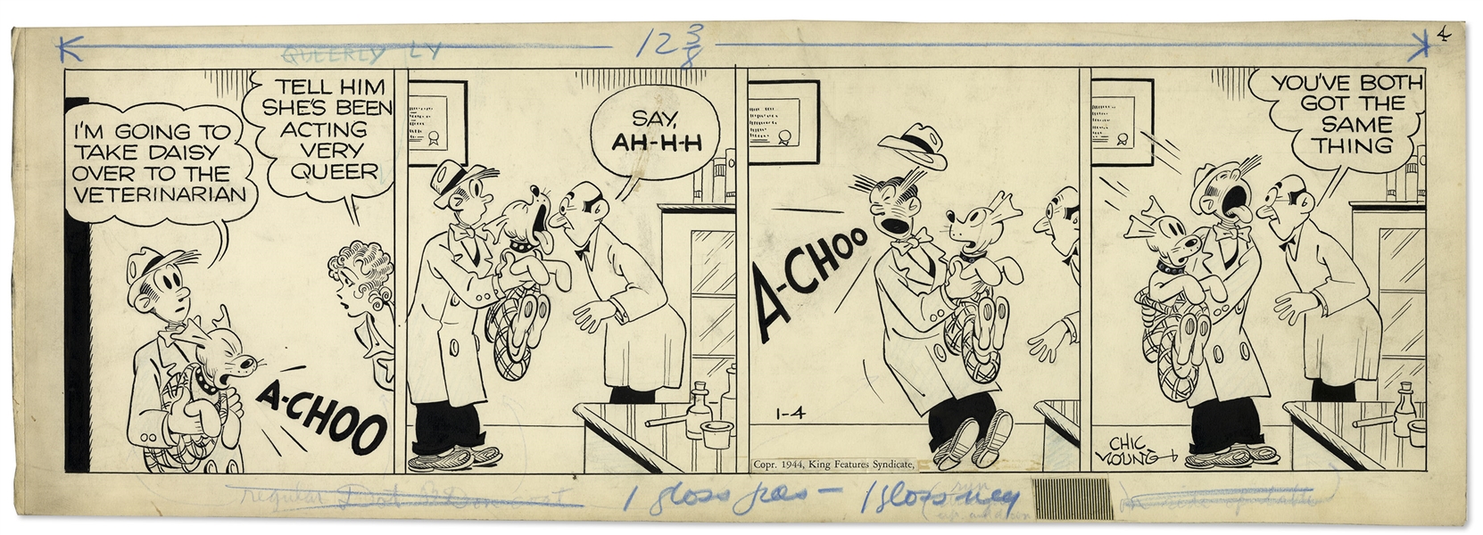 Chic Young Hand-Drawn ''Blondie'' Comic Strip From 1944 Titled ''A Slight Case Of Distemper!''