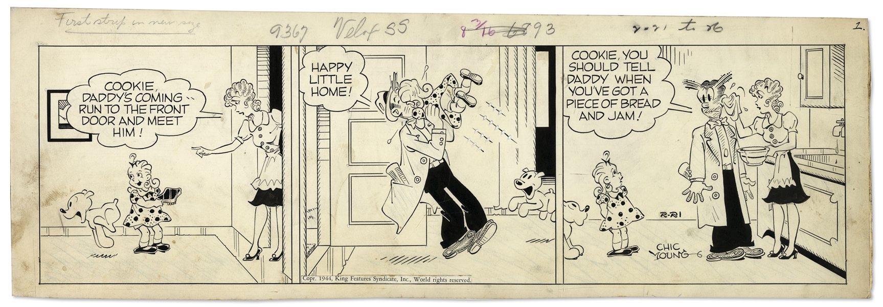 Chic Young Hand-Drawn ''Blondie'' Comic Strip From 1944 Titled ''His Hors d'oeuvres Before Dinner''