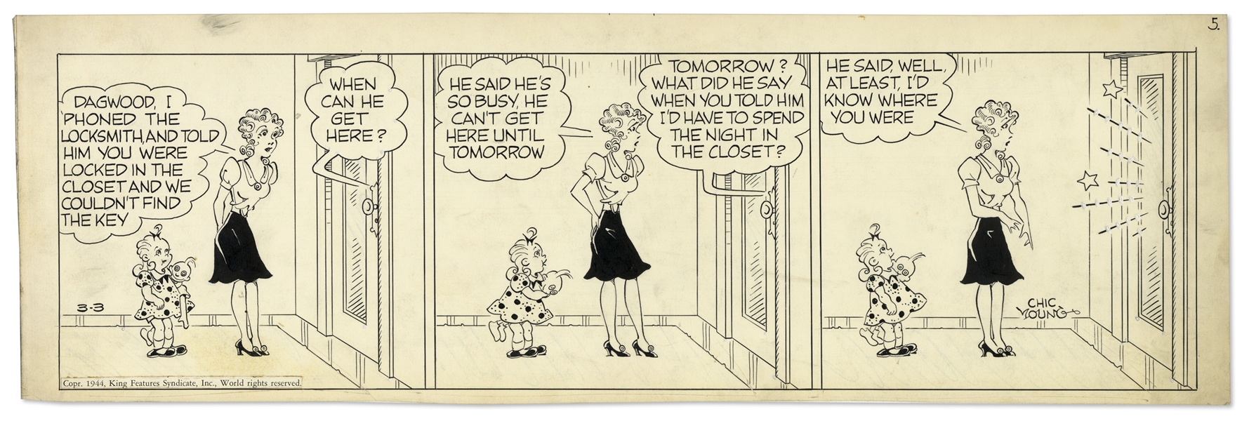 Chic Young Hand-Drawn ''Blondie'' Comic Strip From 1944 Titled ''The Family Skeleton''