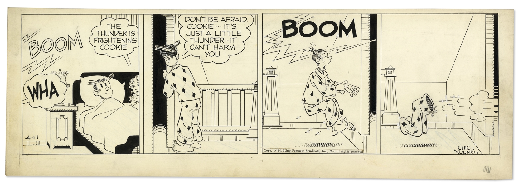 Chic Young Hand-Drawn ''Blondie'' Comic Strip From 1944 Titled ''Keep Your Shirt On, Cookie!''
