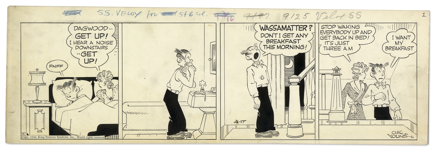 Chic Young Hand-Drawn ''Blondie'' Comic Strip From 1944 Titled ''Didya Ever See a Dream Walking?''