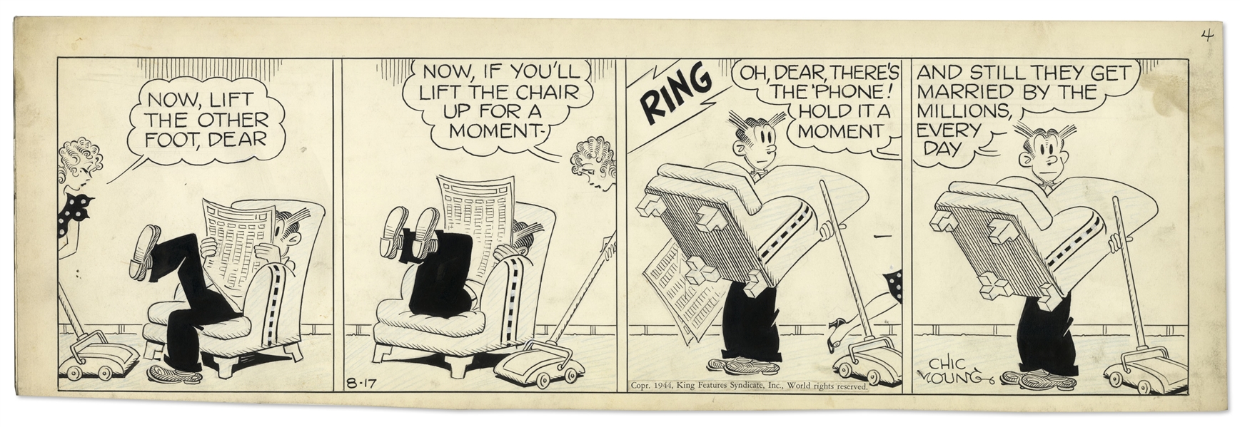 Chic Young Hand-Drawn ''Blondie'' Comic Strip From 1944 Titled ''Resigned Ownership'' -- Dagwood Breaks the Fourth Wall in This Funny Strip