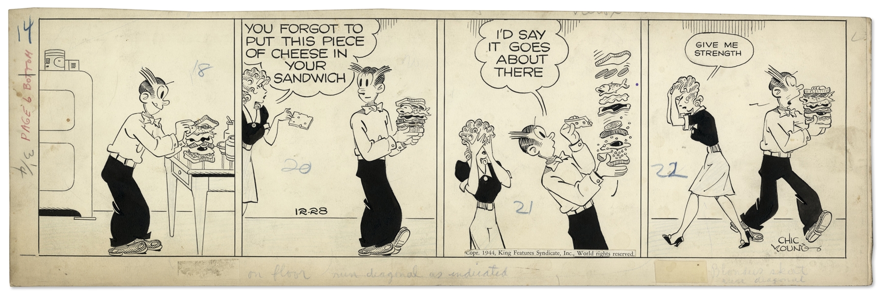 Chic Young Hand-Drawn ''Blondie'' Comic Strip From 1944 Titled ''It's The Juggler In Him!'' -- The Dagwood Sandwich Takes Center Stage