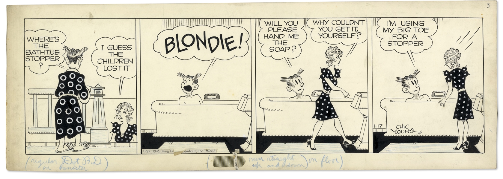 Chic Young Hand-Drawn ''Blondie'' Comic Strip From 1945 Titled ''The Guy's Double Jointed''