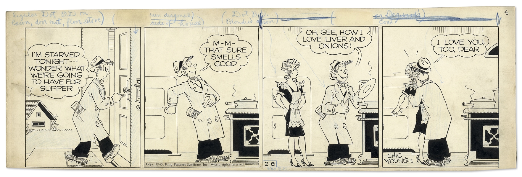 Chic Young Hand-Drawn ''Blondie'' Comic Strip From 1945 Titled ''Second Choice!''