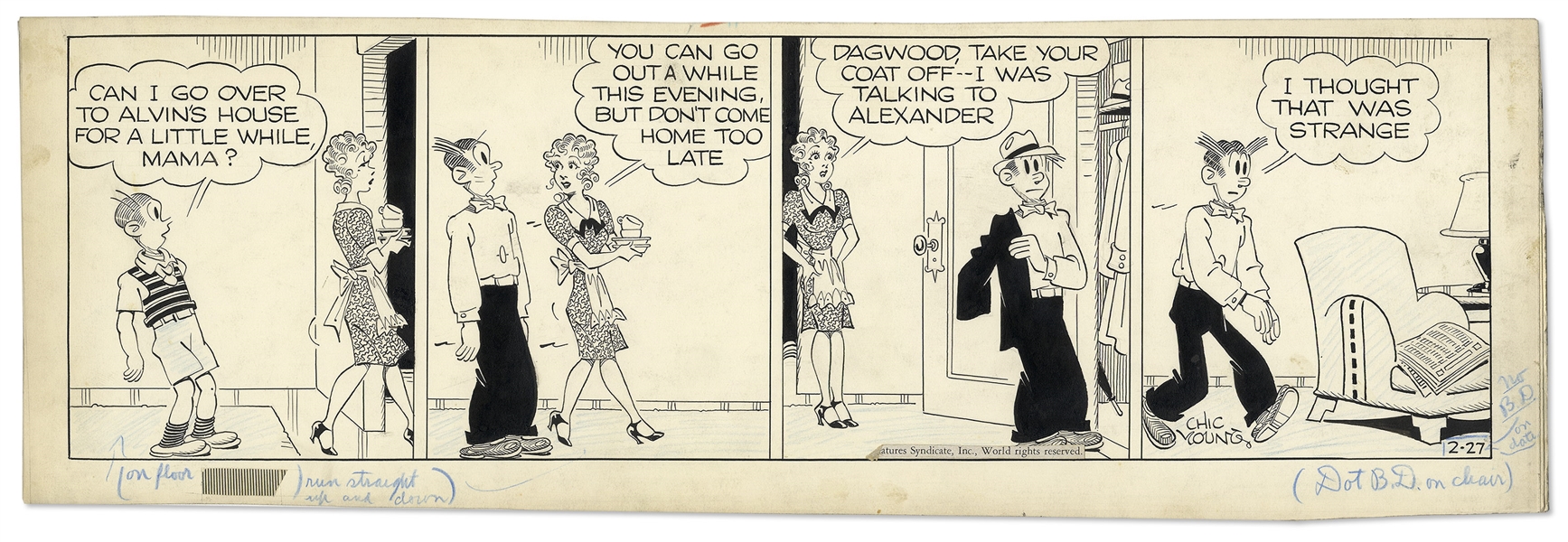 Chic Young Hand-Drawn ''Blondie'' Comic Strip From 1945 Titled ''An Unusual Occurrence''
