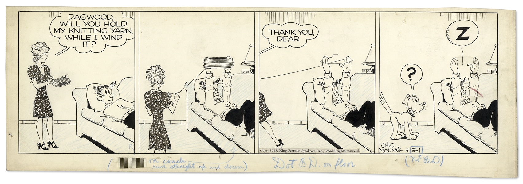 Chic Young Hand-Drawn ''Blondie'' Comic Strip From 1945 Titled ''Hands Up!''