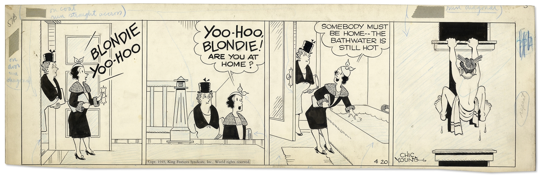 Chic Young Hand-Drawn ''Blondie'' Comic Strip From 1945 Titled ''The Private Life Of A Goldfish''