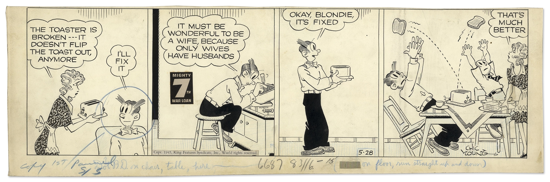 Chic Young Hand-Drawn ''Blondie'' Comic Strip From 1945 Titled ''Mr. Fixit!''