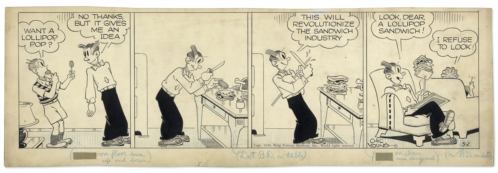 Chic Young Hand-Drawn ''Blondie'' Comic Strip From 1946 Titled ''That's Our Pop!'' -- Starring Dagwood Making One of His Infamous Sandwiches