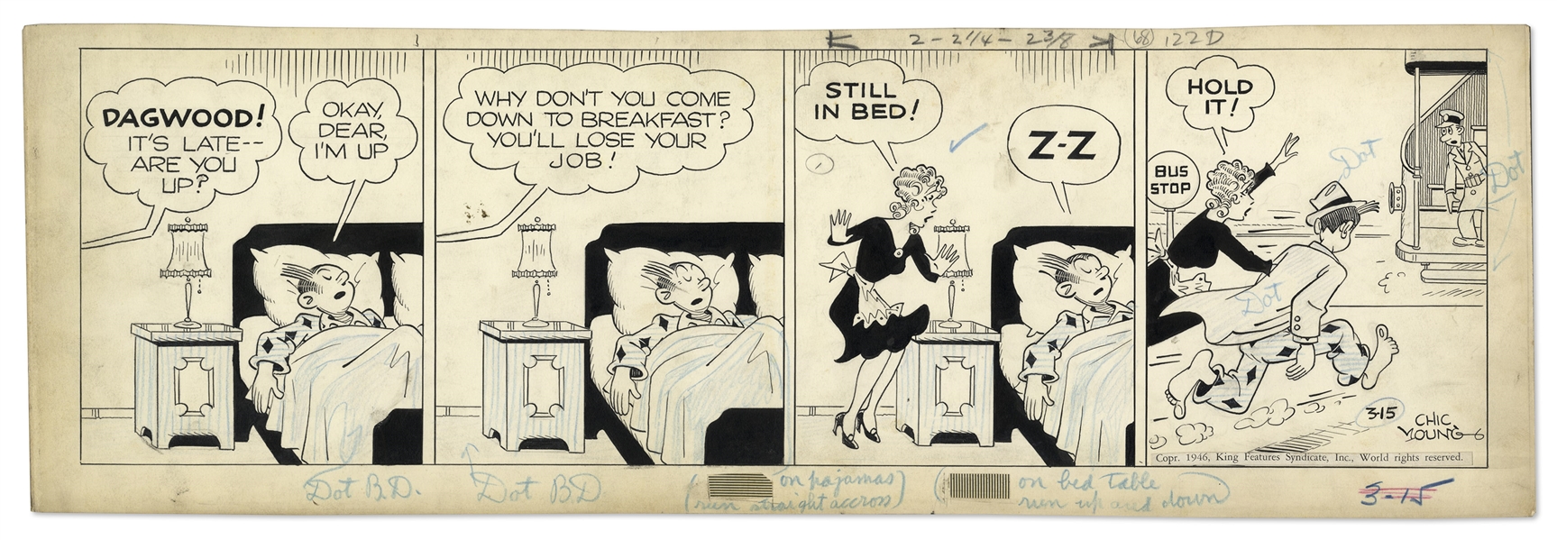 Chic Young Hand-Drawn ''Blondie'' Comic Strip From 1946 Titled ''Blondie - The Breadwinner!''