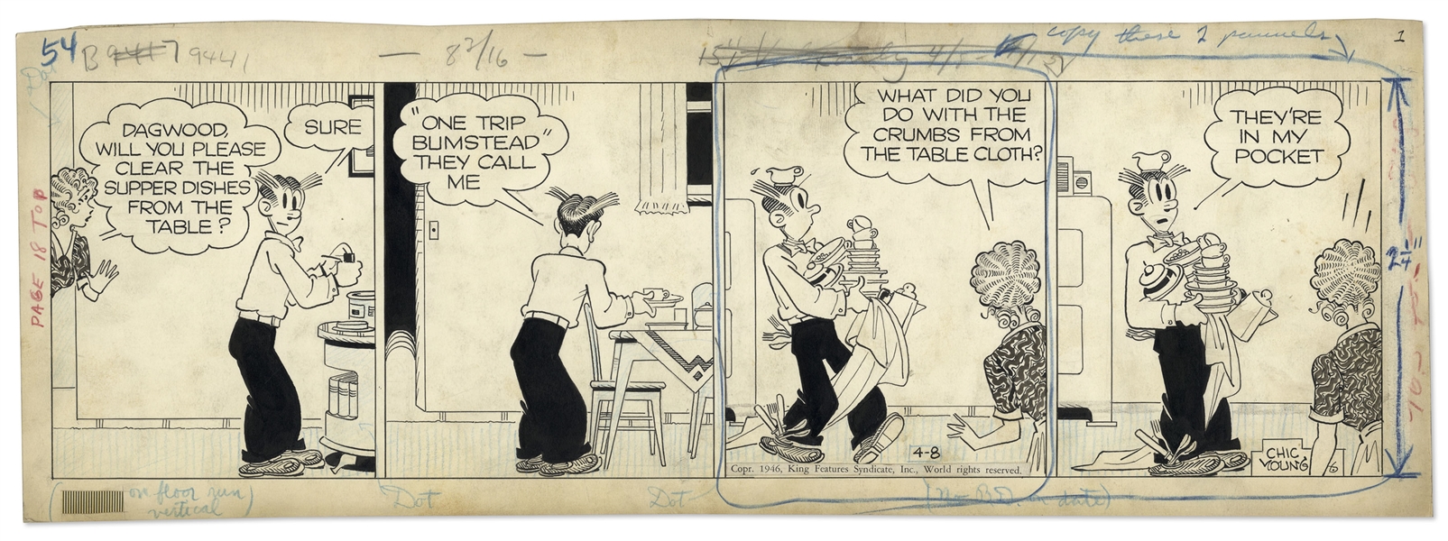 Chic Young Hand-Drawn ''Blondie'' Comic Strip From 1946 Titled ''Lazy Man's Load!''