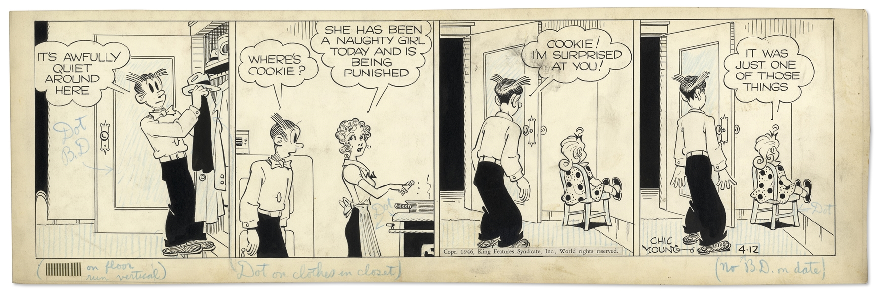 Chic Young Hand-Drawn ''Blondie'' Comic Strip From 1946 Titled ''Growing Pains!''